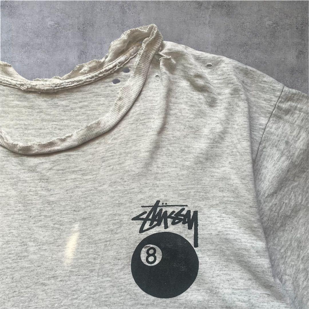 90s Stussy 8ボール シングルステッチ ボロ 杢グレー Lサイズ相当