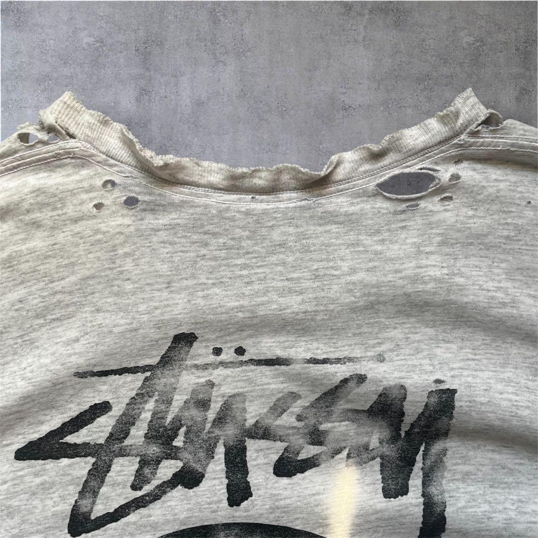 90s Stussy 8ボール シングルステッチ ボロ 杢グレー Lサイズ相当