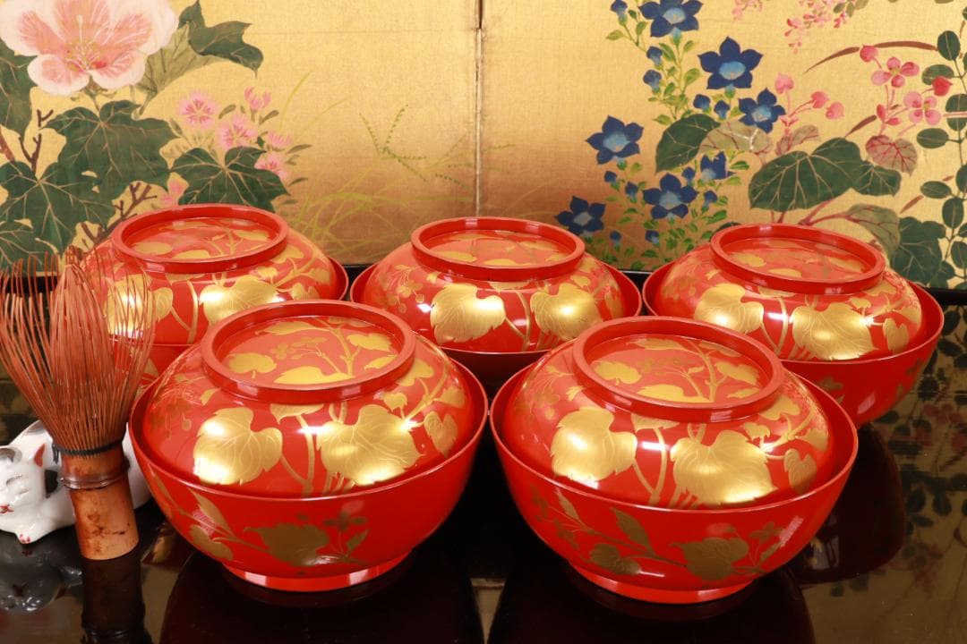 nori、時代漆器　輪島塗　草花金蒔絵　吸物椀　五客　木製 BJ128