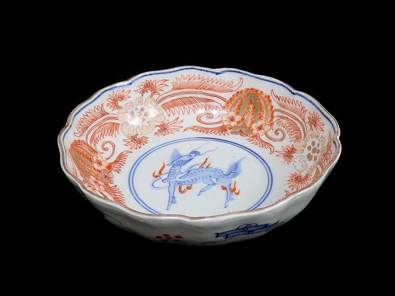 古伊万里　赤絵　草花紋に麒麟の図　膾皿　２客　D119AS-BVx