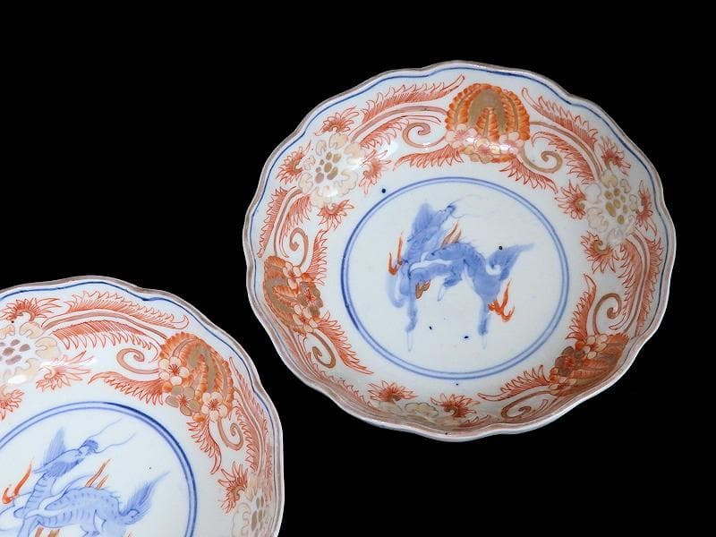 古伊万里　赤絵　草花紋に麒麟の図　膾皿　２客　D119AS-BVx