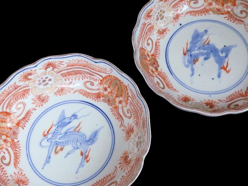 古伊万里　赤絵　草花紋に麒麟の図　膾皿　２客　D119AS-BVx