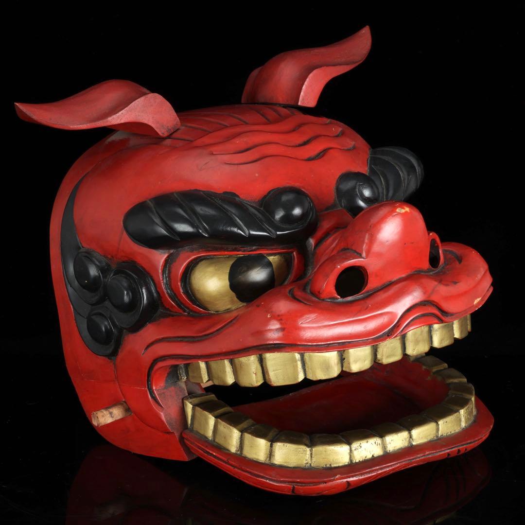 時代物 木彫獅子頭 朱漆塗金彩 幅34cm 獅子舞 神楽面 魔除 縁起物 骨董品
