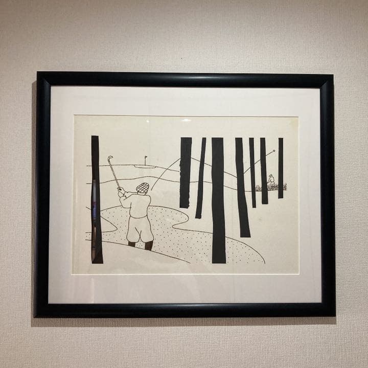 希少 唐仁原 教久 モノクロ イラスト 原画 絵画 ゴルフ ①