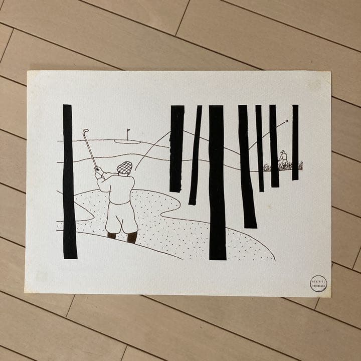 希少 唐仁原 教久 モノクロ イラスト 原画 絵画 ゴルフ ①