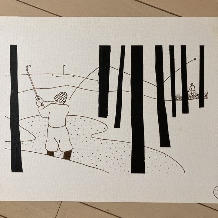 希少 唐仁原 教久 モノクロ イラスト 原画 絵画 ゴルフ ①