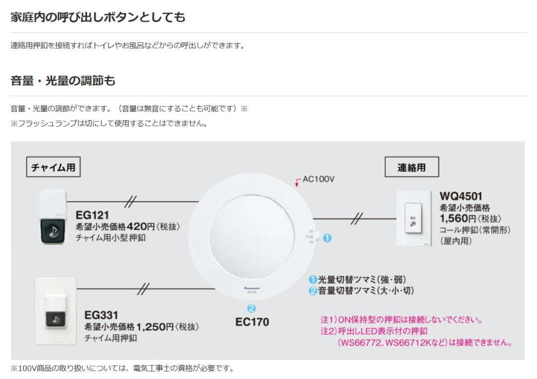 パナソニック 光るチャイム(電源コード付)Panasonic EC-170P