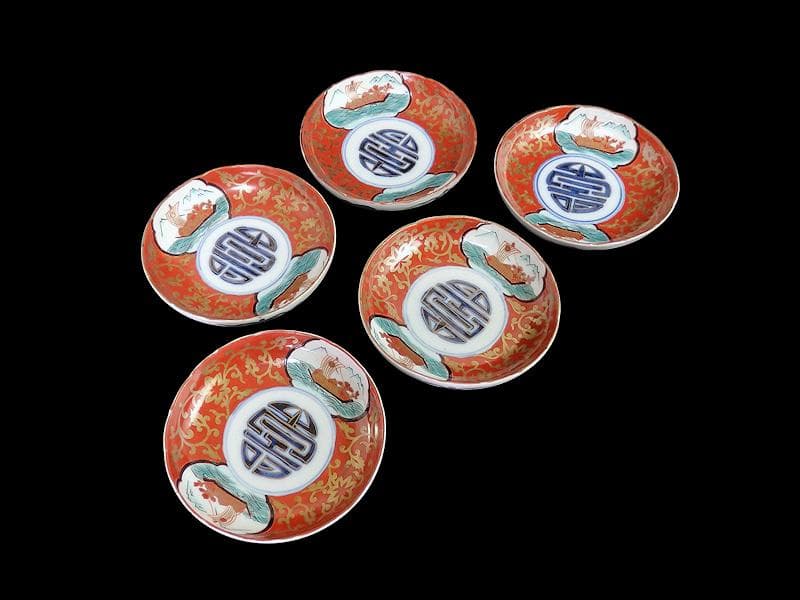 古伊万里　色絵　窓絵　宝船に金唐草の図　４寸皿　５枚　B985AS-CXv