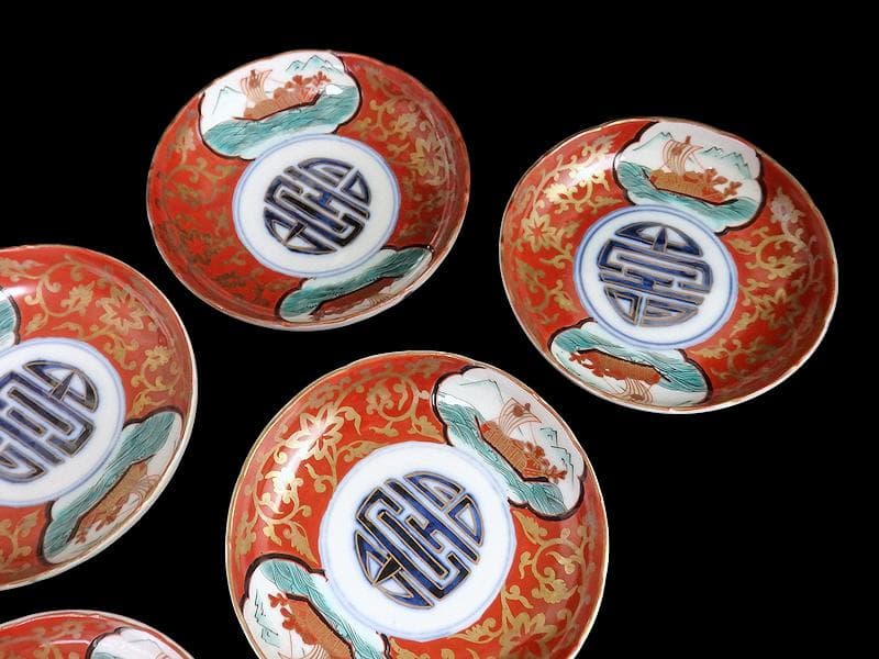 古伊万里　色絵　窓絵　宝船に金唐草の図　４寸皿　５枚　B985AS-CXv