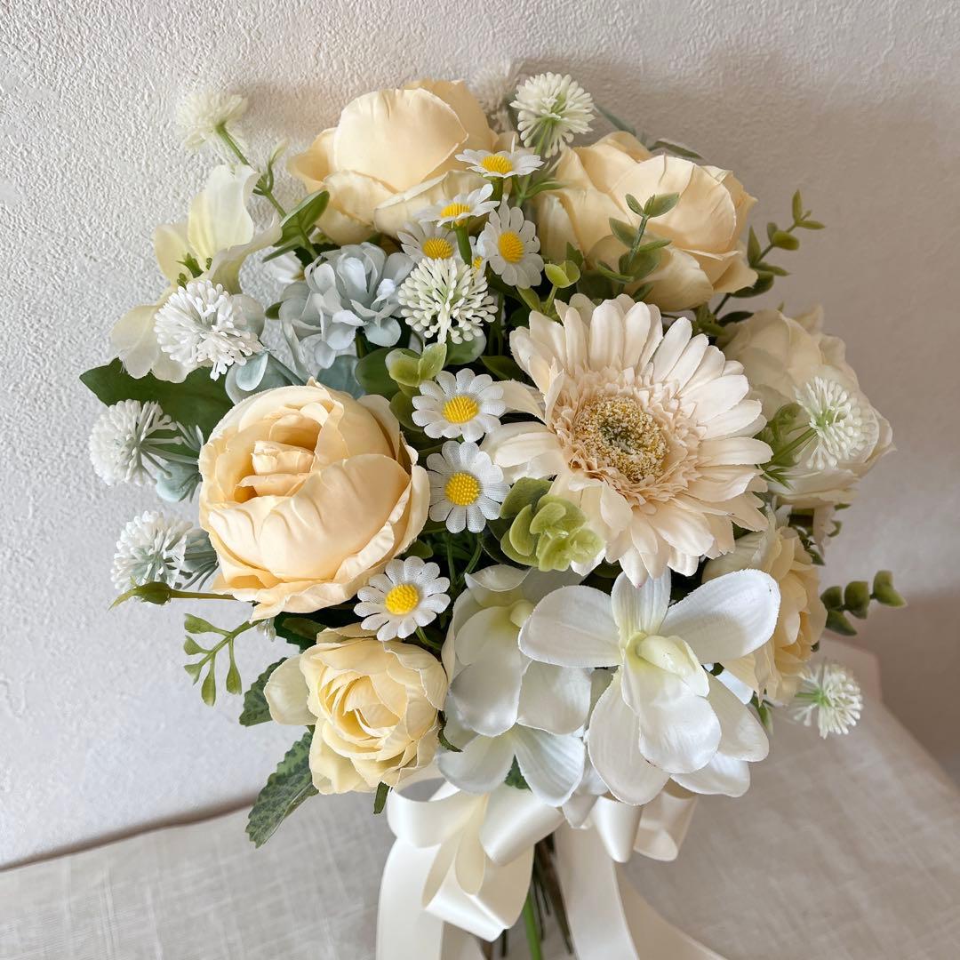 ウェディングブーケとブートニアのセット♡ブライダルブーケ♡イエローブーケ♡ローズ