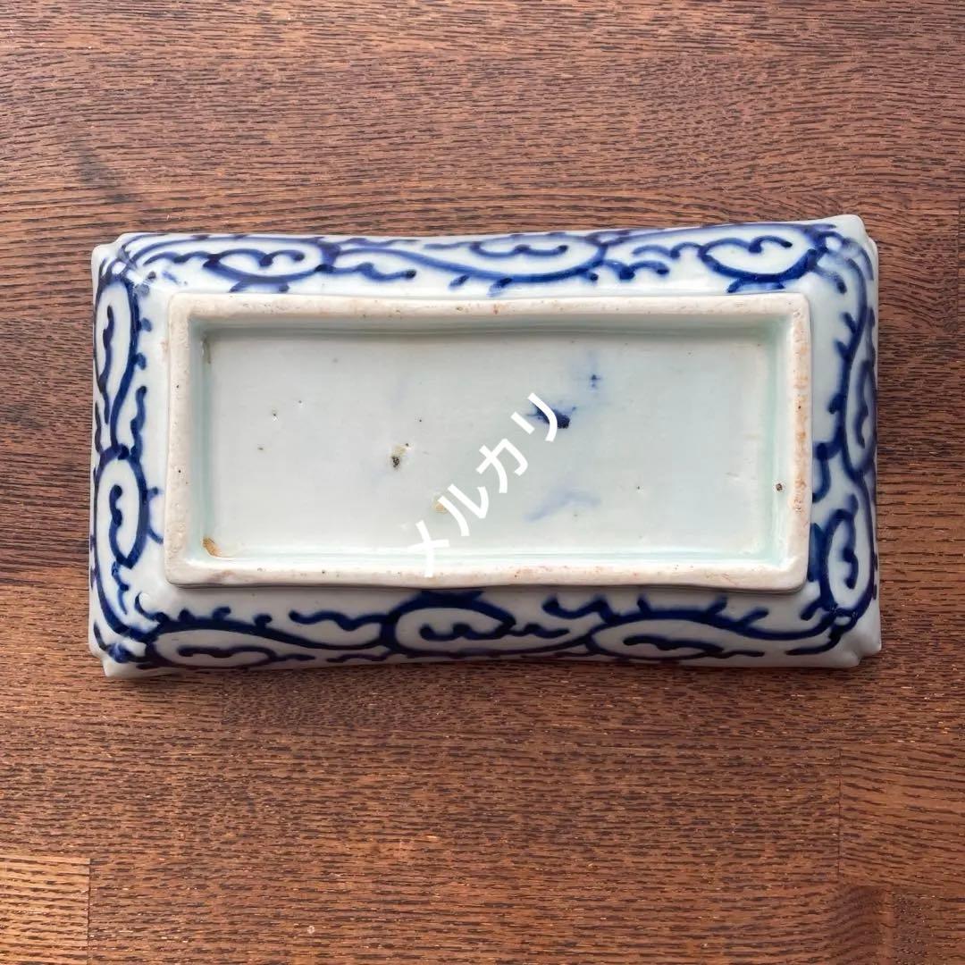 古伊万里染付　微塵唐草　松竹梅　五客揃　長皿5客　骨董アンティーク　隅入角皿