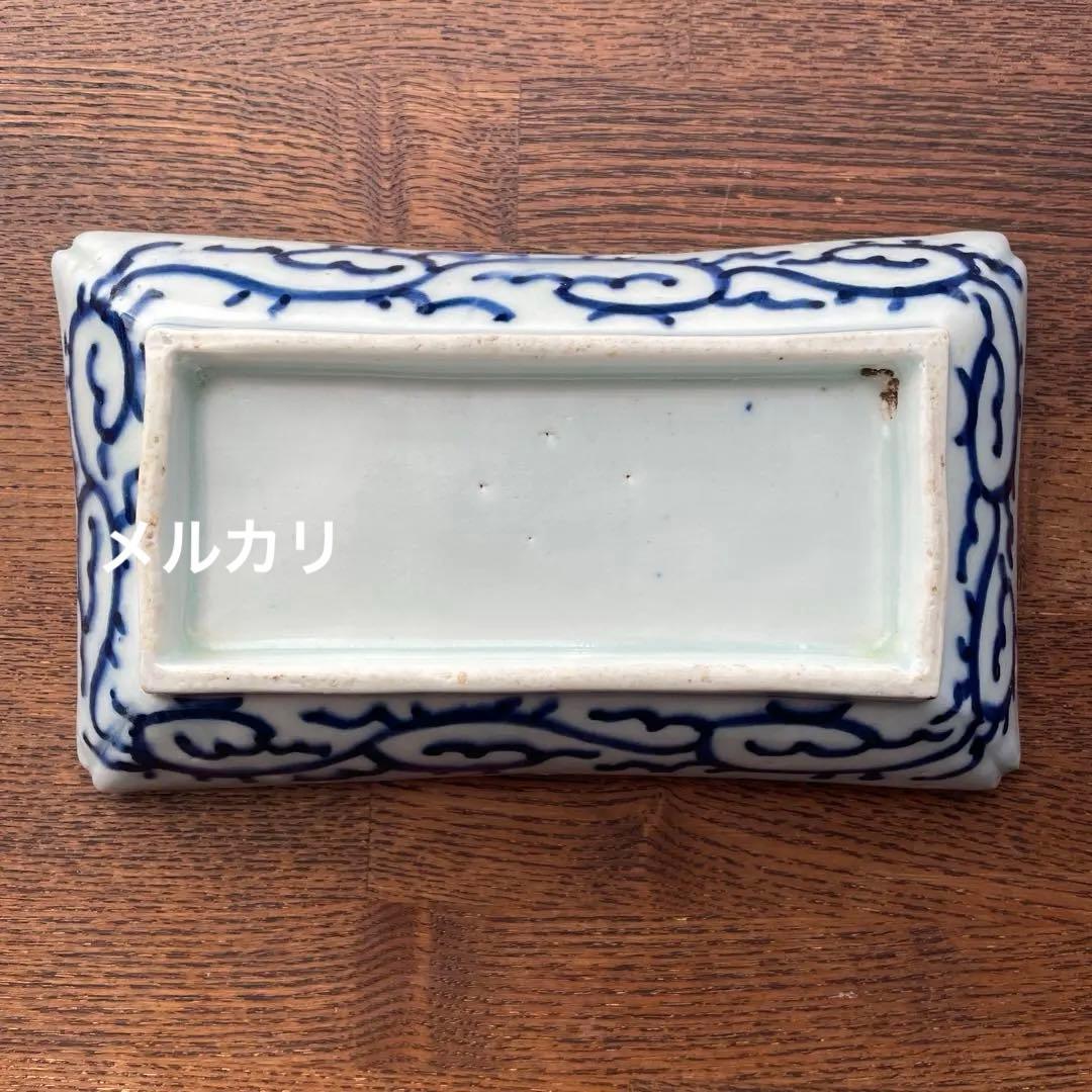 古伊万里染付　微塵唐草　松竹梅　五客揃　長皿5客　骨董アンティーク　隅入角皿