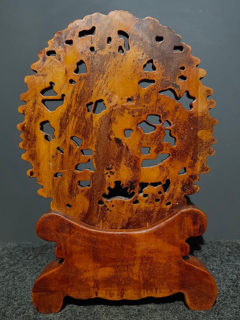 旧蔵 黄楊木 手彫り 龍戲珠 鏤空二連屏風 開運　置物 置物インテリア