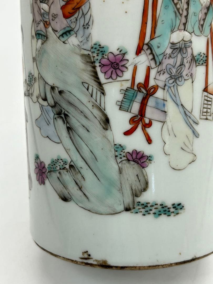 岐No28 中国　清時代　粉彩筆筒② 帽筒　美女図　同治年製　送料込み0503