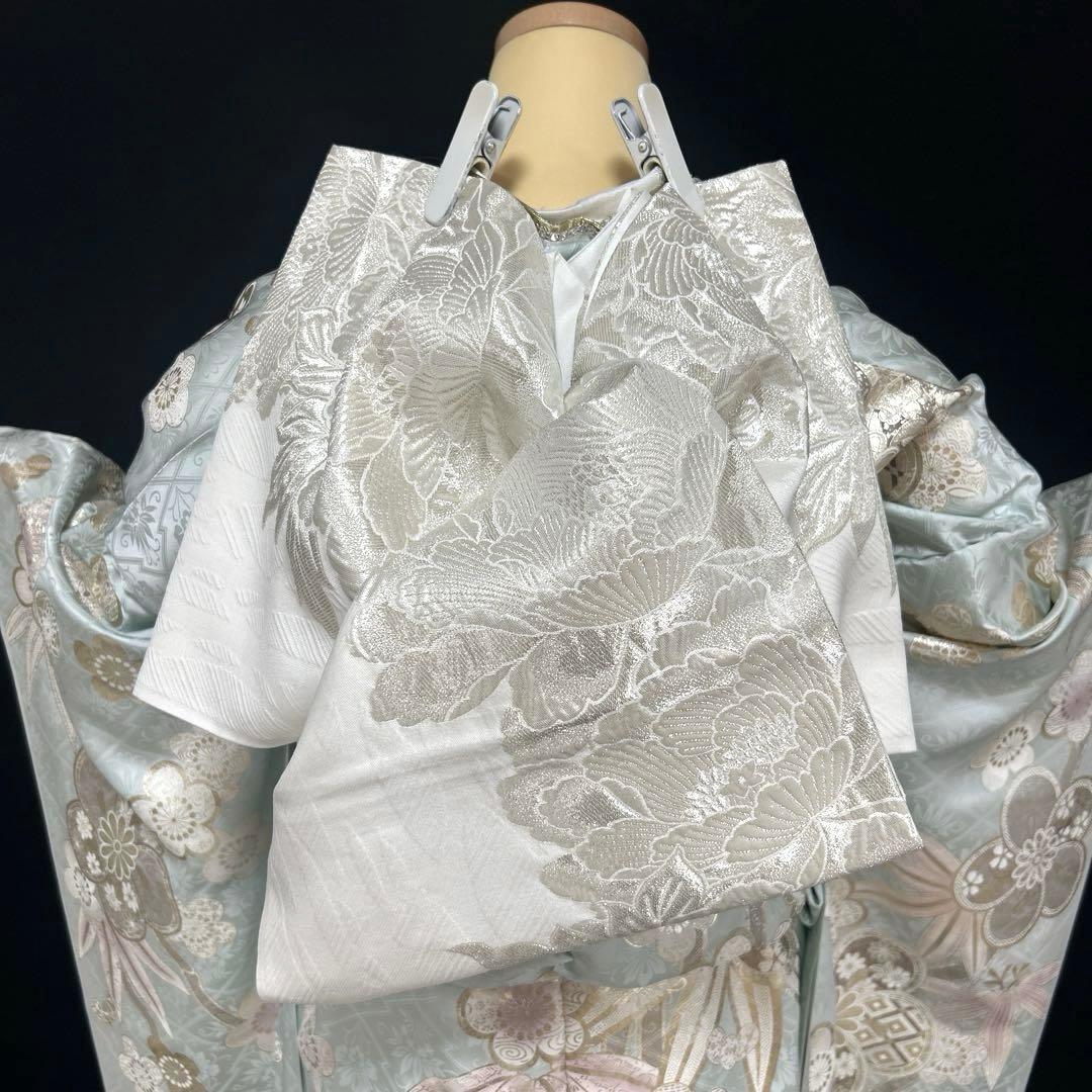 水色の上品な金彩銀彩の牡丹や手毬の振袖フルセット