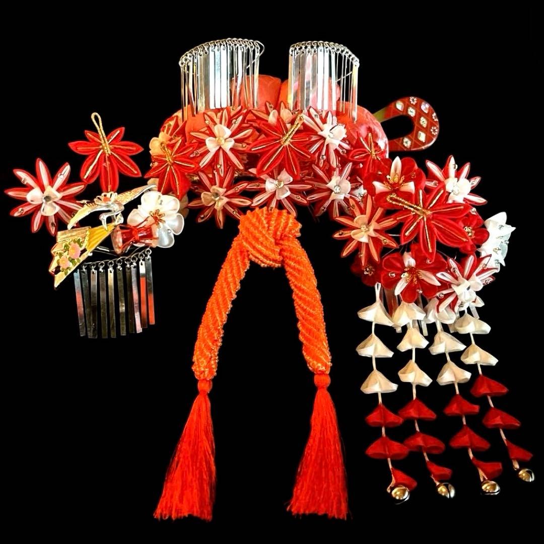 勝山髪飾り 七五三 7歳 (赤) 紅葉