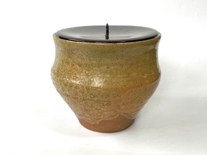 骨董　古美術　権兵衛焼　水指　出雲　楽山　伊羅保　黄伊羅保　枇杷　茶道具　塗蓋