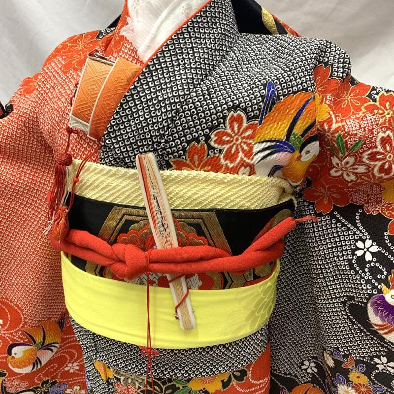 504ag67□七五三 七歳 女児 着物&袋帯 総絞り風 金彩 鴛鴦□状態良好