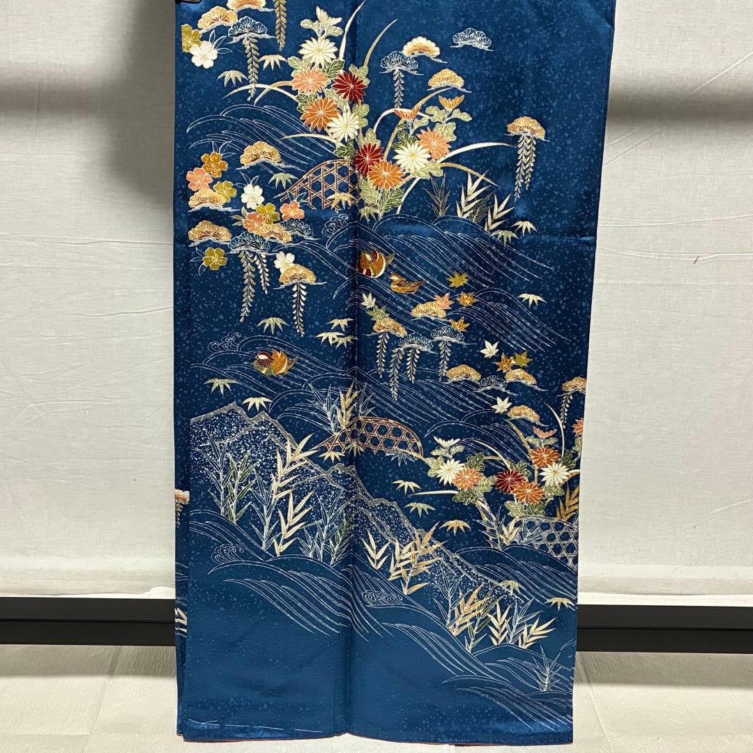 D74 訪問着 ブルー 一つ紋 花模様 正絹 着物 袷 しつけ糸付き未使用極美品