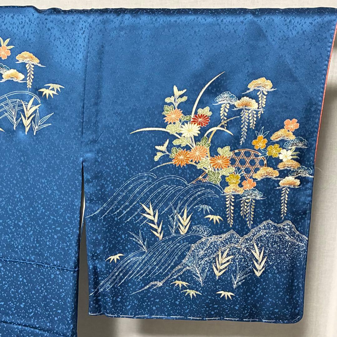 D74 訪問着 ブルー 一つ紋 花模様 正絹 着物 袷 しつけ糸付き未使用極美品