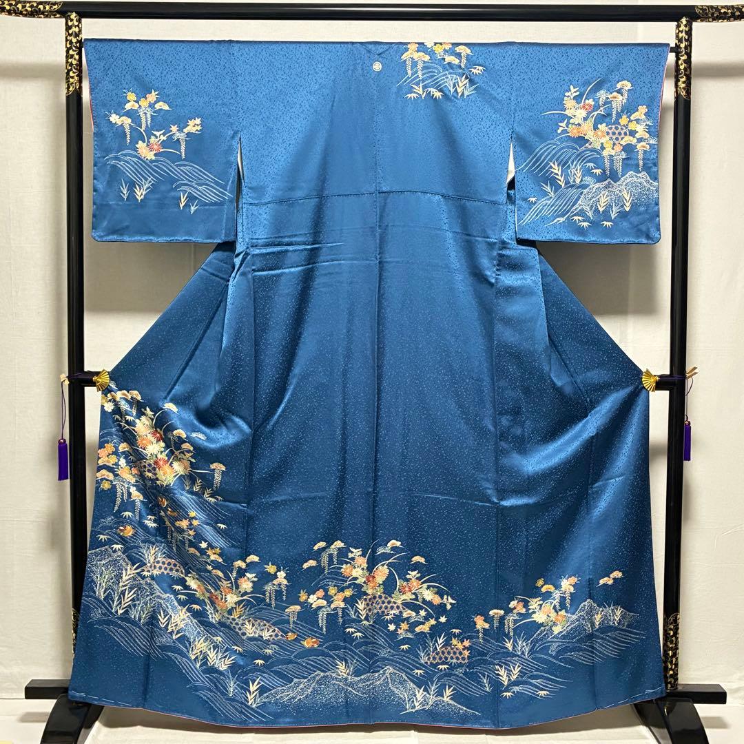 D74 訪問着 ブルー 一つ紋 花模様 正絹 着物 袷 しつけ糸付き未使用極美品