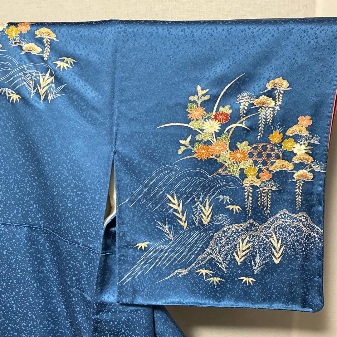 D74 訪問着 ブルー 一つ紋 花模様 正絹 着物 袷 しつけ糸付き未使用極美品