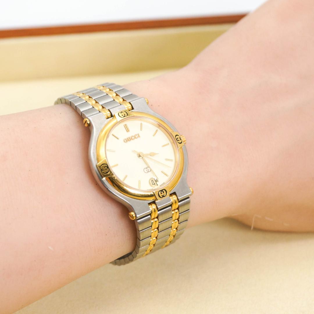 稼働 GUCCI 腕時計 9000M デイト ボーイズ アイボリー 2841