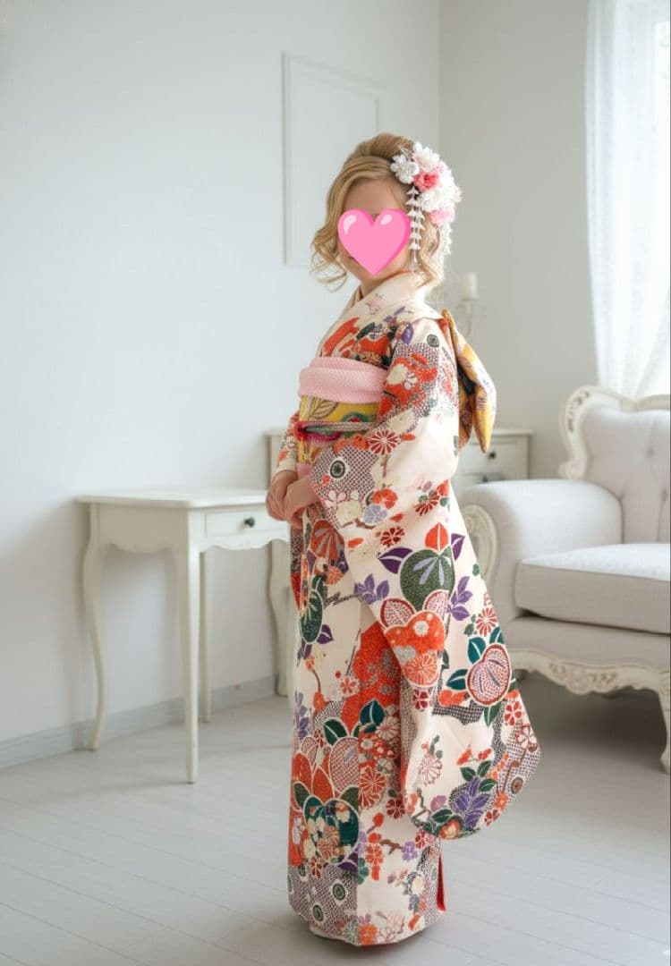 正絹クリーム色着物とイエロー系薔薇の花作り帯セット