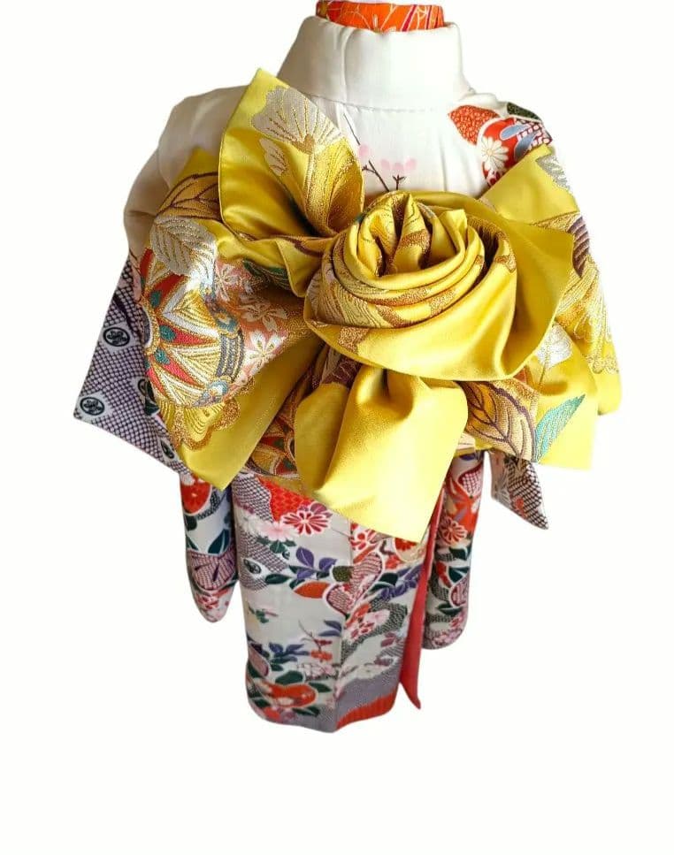 正絹クリーム色着物とイエロー系薔薇の花作り帯セット