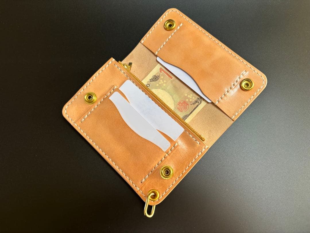 サドルレザー　トラッカーウォレット　三層　真鍮　レザークラフト