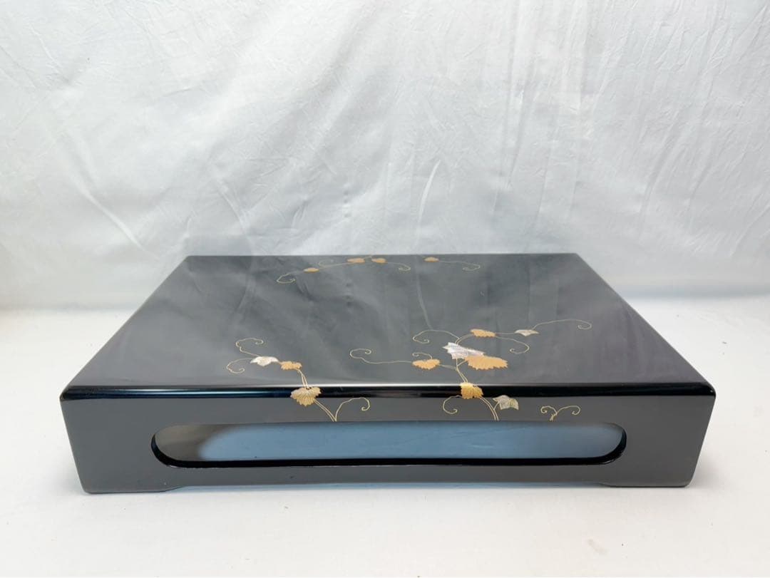 ほぼ未使用 華道具 木製黒真塗 花蒔絵 螺鈿付 花台 飾台 置台 盆栽台 共箱