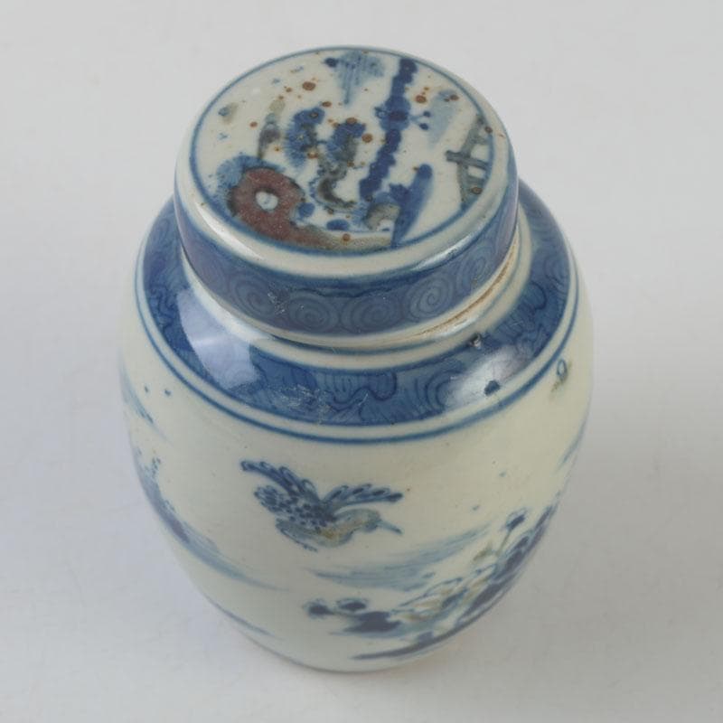 中国　青花　山水花鳥文　蓋壷　Z　8619