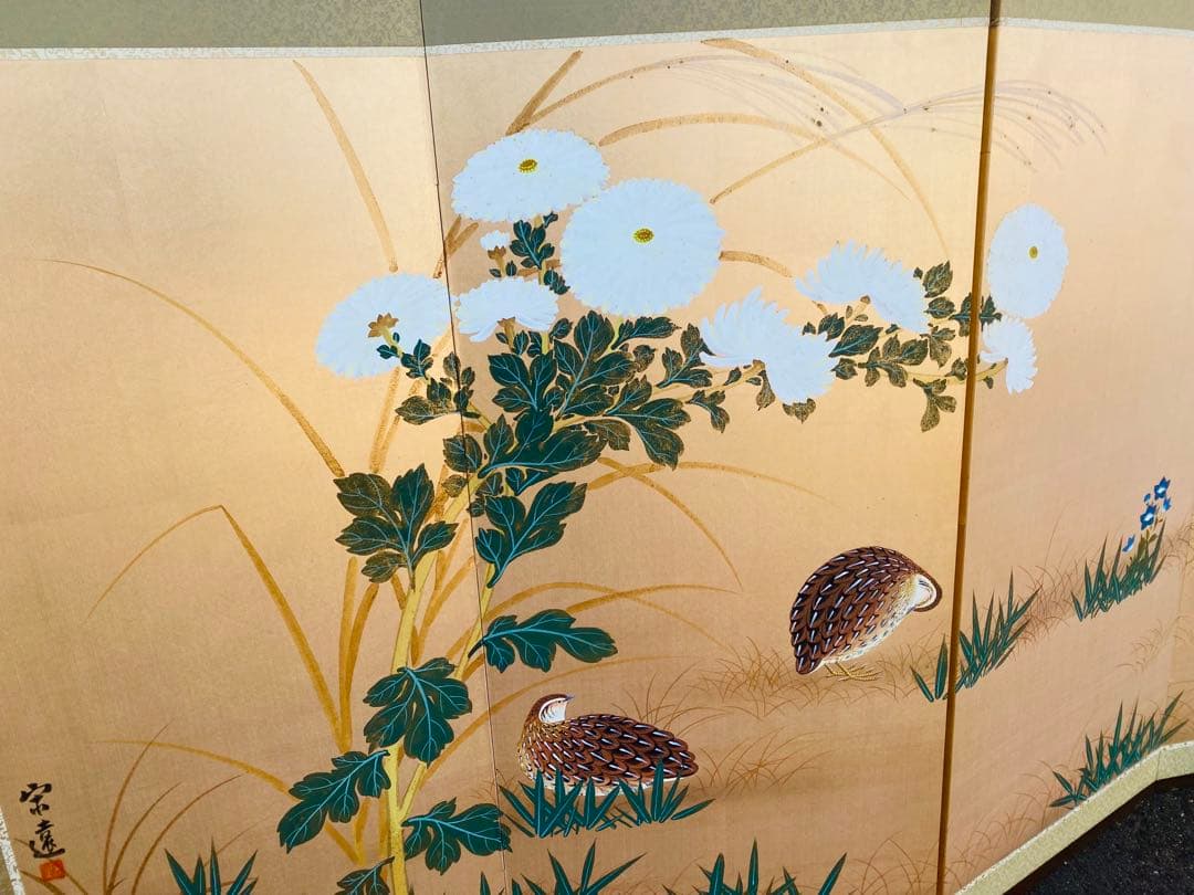 日本画 屏風 花と鳥160cm x 90cm