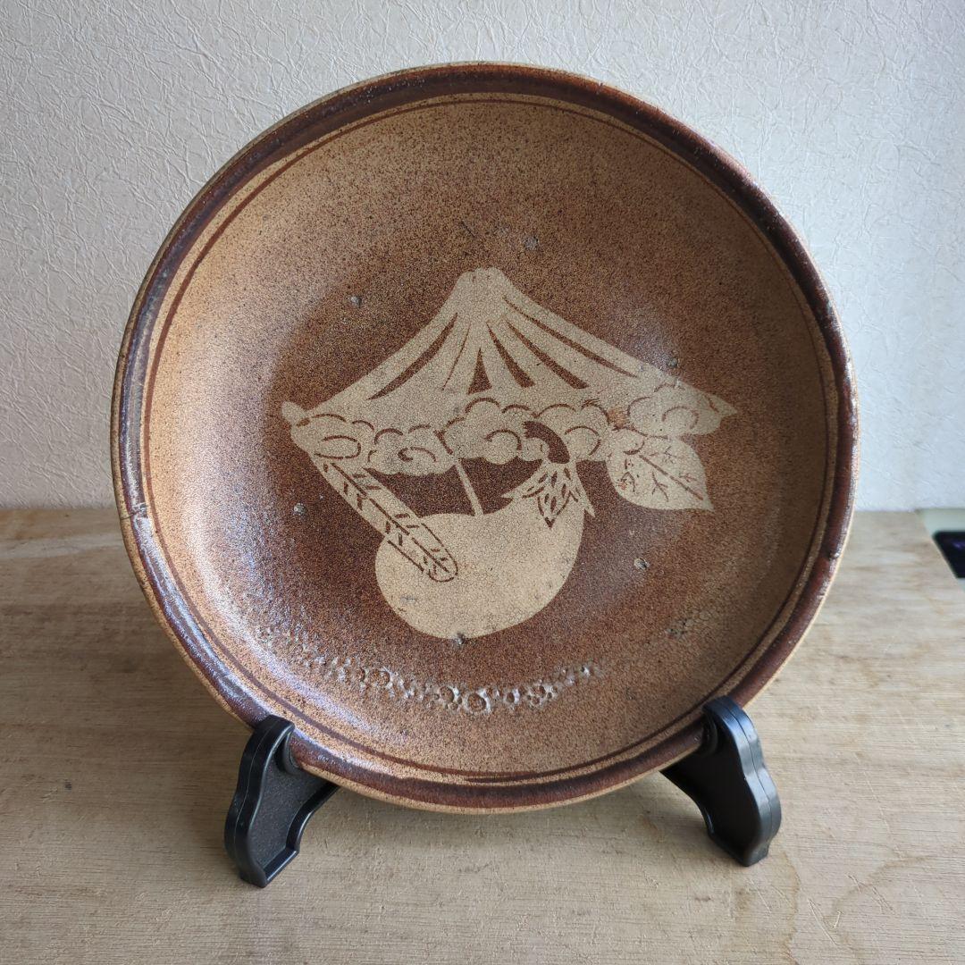 骨董 美濃焼 石皿 一富士二鷹三茄子 陶器 縁起柄 来福 飾り皿