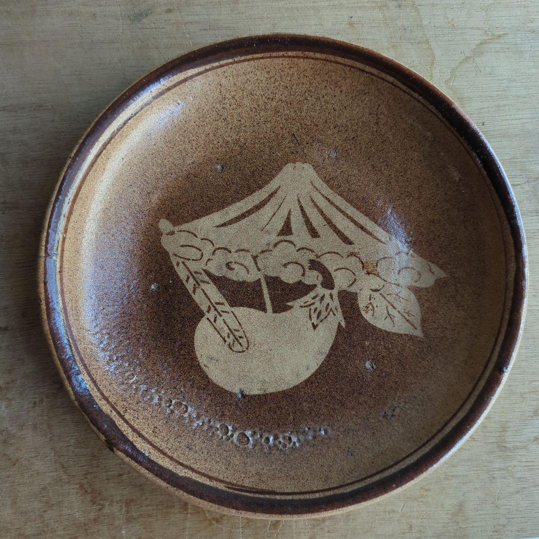 骨董 美濃焼 石皿 一富士二鷹三茄子 陶器 縁起柄 来福 飾り皿