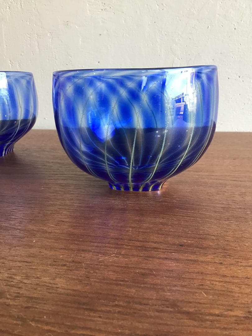 高梨良子作　縞ガラス　ぐい呑み　小鉢　サラダボウル　2個セット