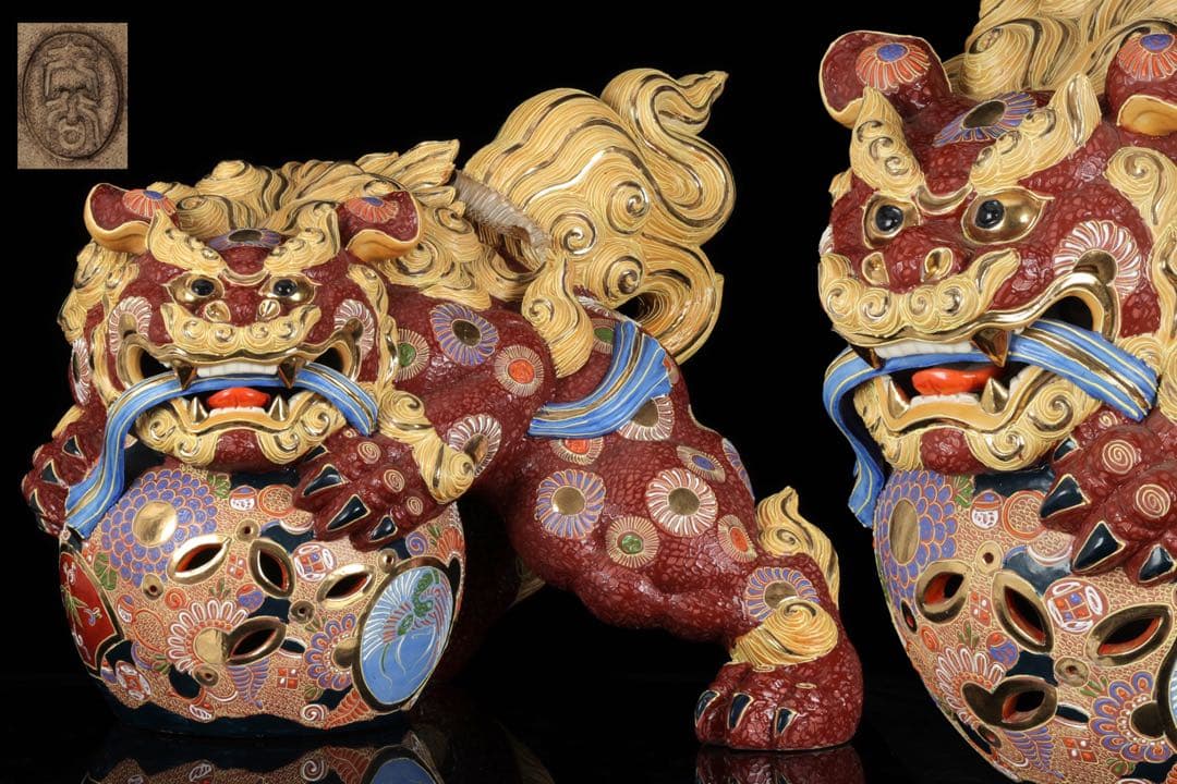 【特大九谷焼】玉乗獅子狛犬 九谷銘 金彩色絵 縁起物 開運 高さ48cm 蛇皮付