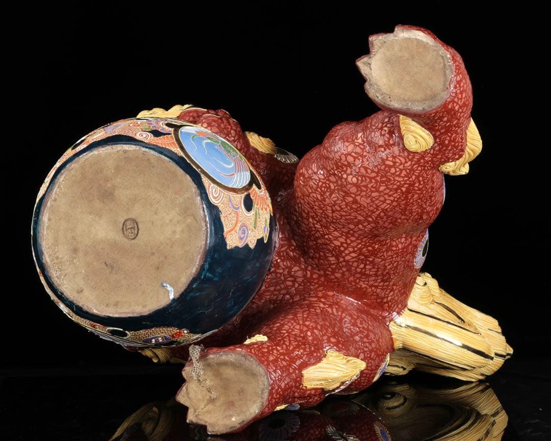 【特大九谷焼】玉乗獅子狛犬 九谷銘 金彩色絵 縁起物 開運 高さ48cm 蛇皮付