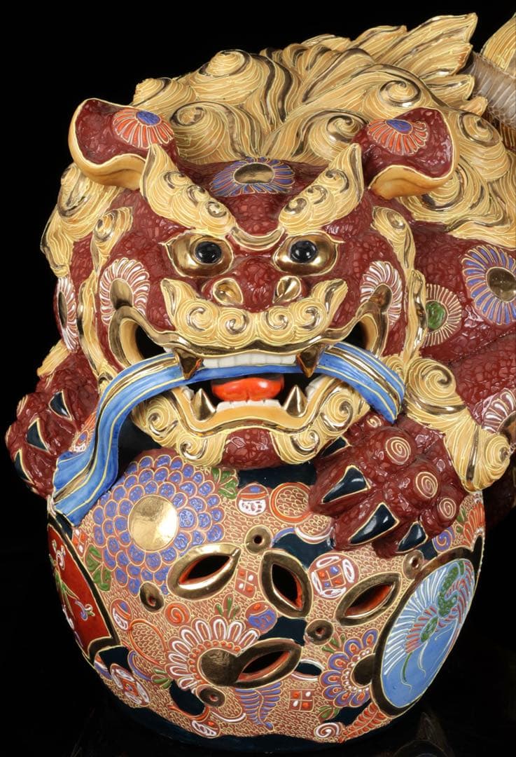 【特大九谷焼】玉乗獅子狛犬 九谷銘 金彩色絵 縁起物 開運 高さ48cm 蛇皮付