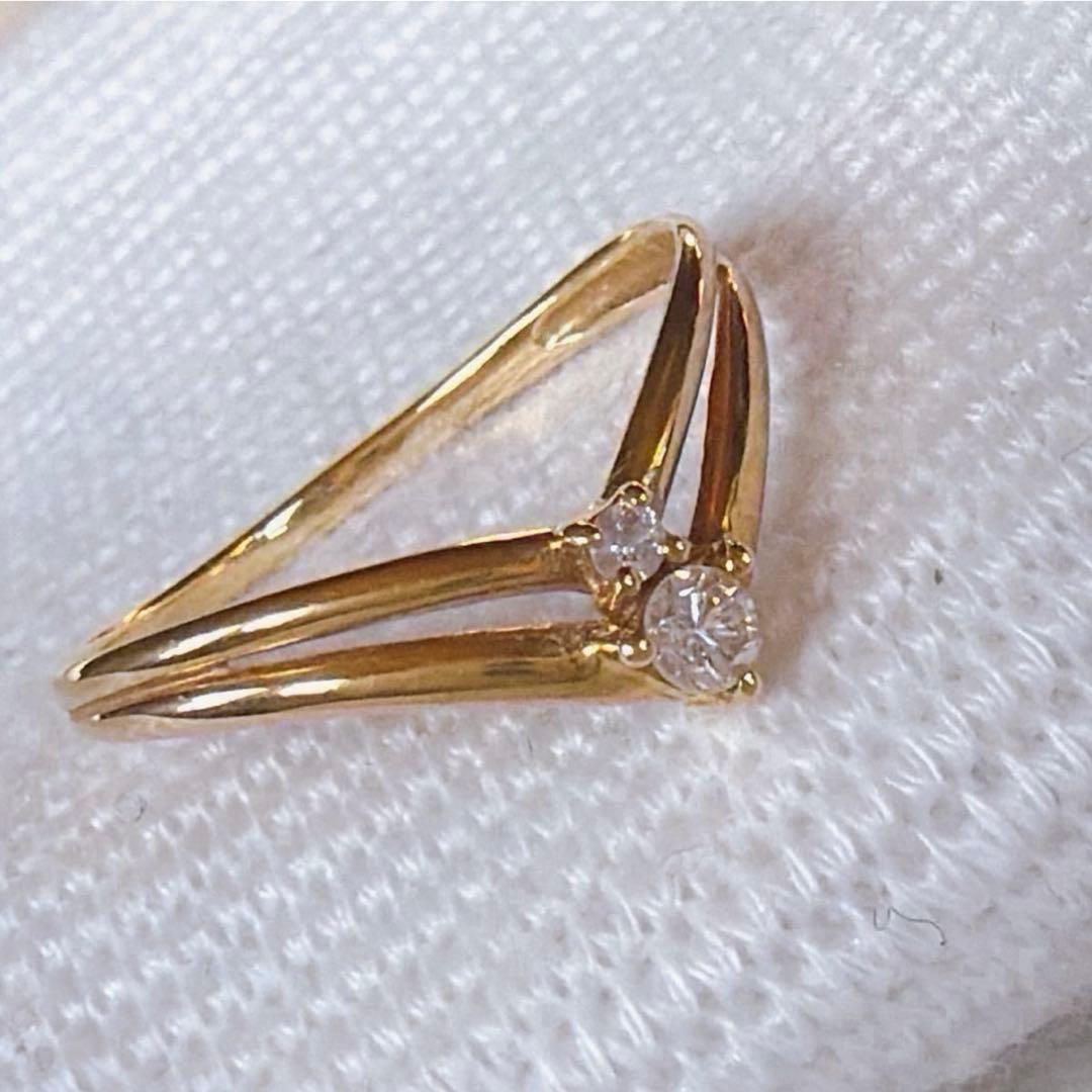 【1541】 K18 天然ダイヤモンド 2連 透かし V字 11.5〜12号