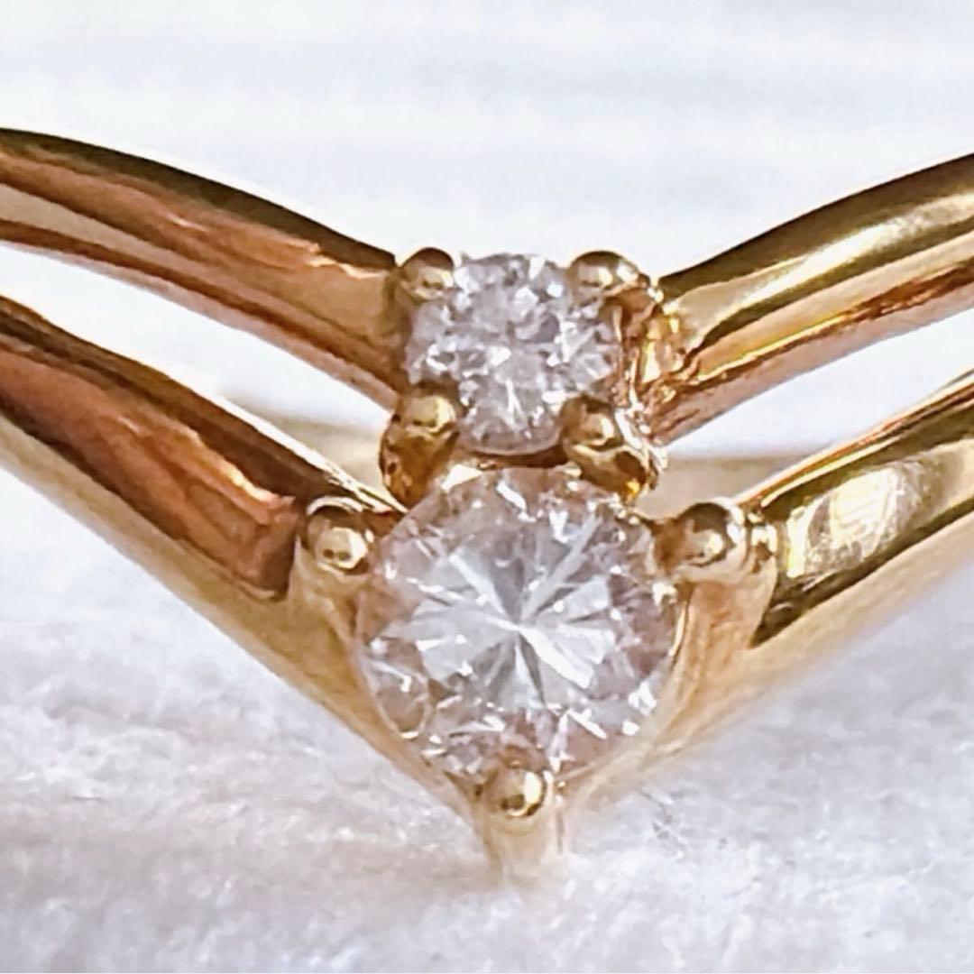 【1541】 K18 天然ダイヤモンド 2連 透かし V字 11.5〜12号