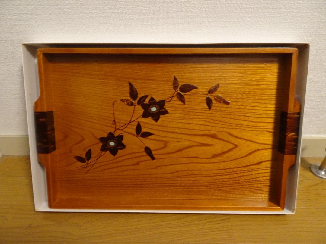 桜皮細工 長盆（欅材の桜皮貝入鉄仙）＆　桜皮細工角鉢　2個セットno-10