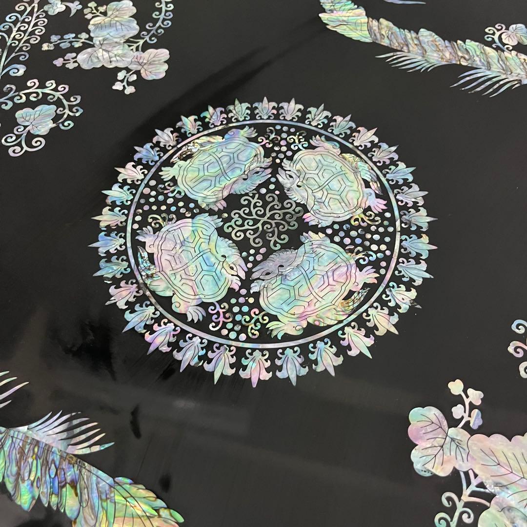 こうね　螺鈿細工 ガラス天板付き 座卓 テーブル 鳳凰 黒漆