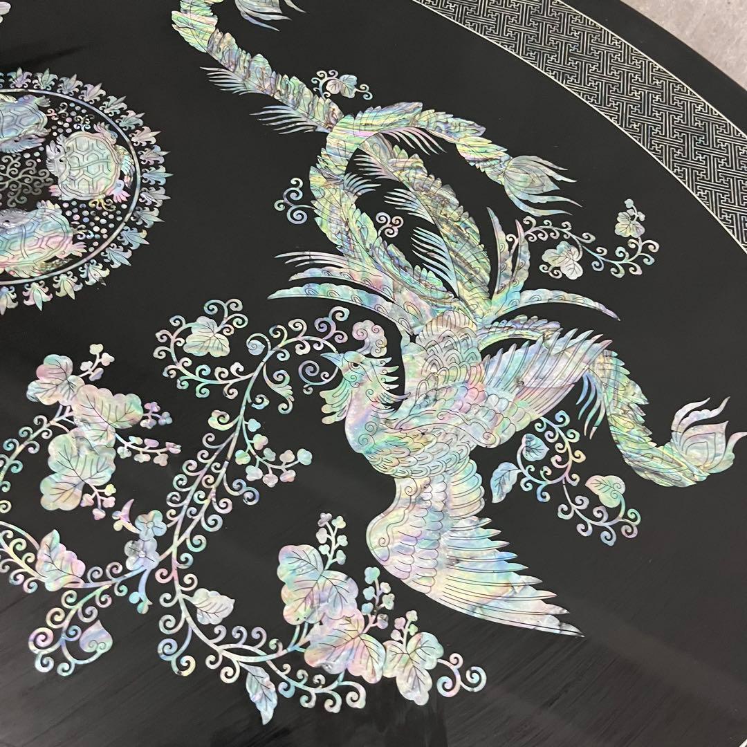 こうね　螺鈿細工 ガラス天板付き 座卓 テーブル 鳳凰 黒漆