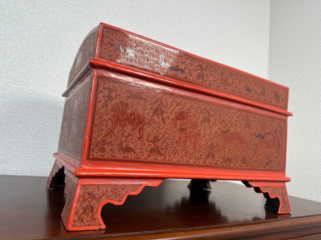 ミャンマー アンティーク 漆器 蒟醤 キンマ 細密画 入れ子 収納箱※31※