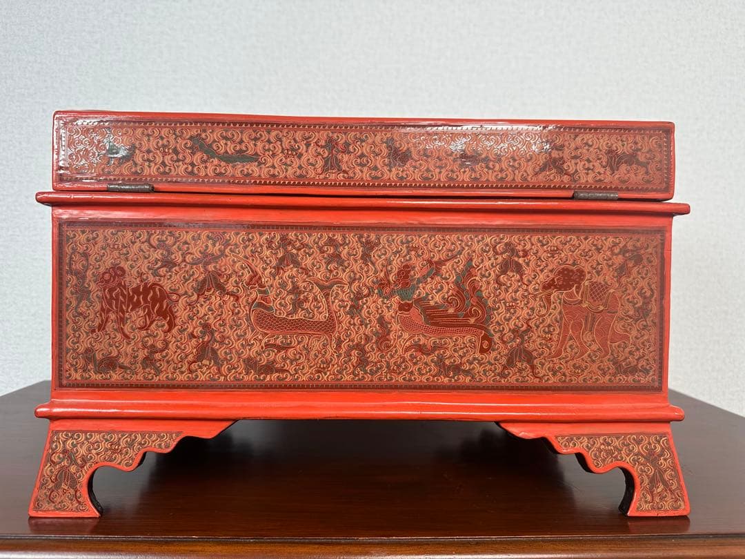 ミャンマー アンティーク 漆器 蒟醤 キンマ 細密画 入れ子 収納箱※31※