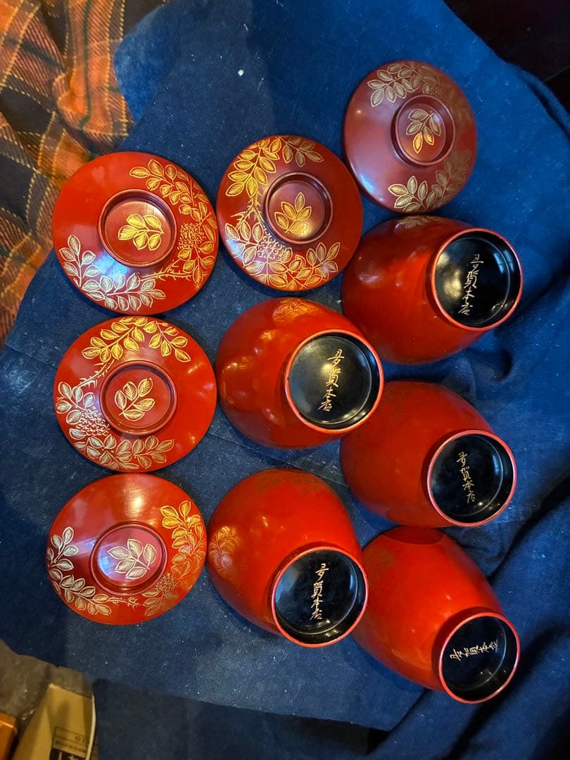 漆器　沈金　②吸物椀　荷物椀　5客　輪島塗　漆傷みなし 朱塗り　木製　小吸物