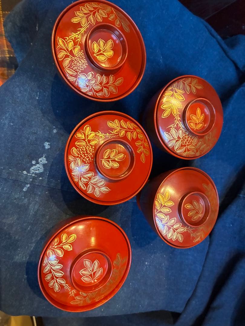 漆器　沈金　②吸物椀　荷物椀　5客　輪島塗　漆傷みなし 朱塗り　木製　小吸物