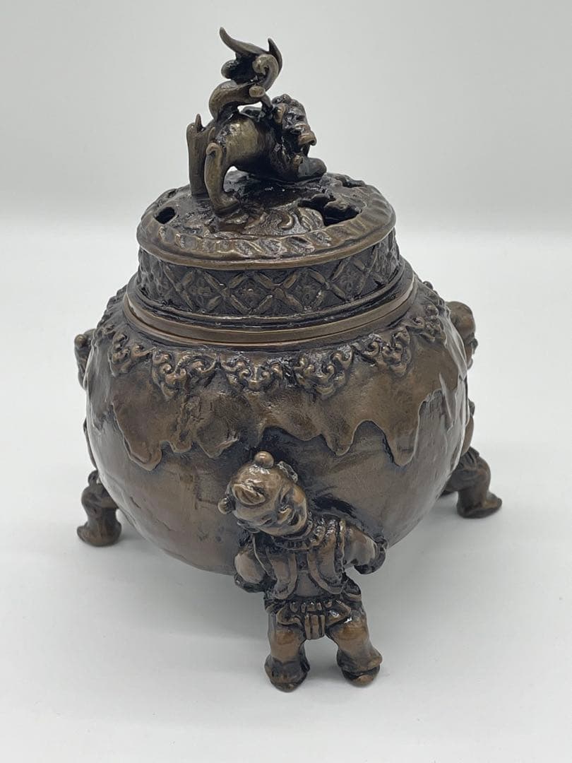 【美品】高岡銅器 金工家 二上常太郎 元威 蝋型鋳銅 唐子足 獅子香炉 香爐
