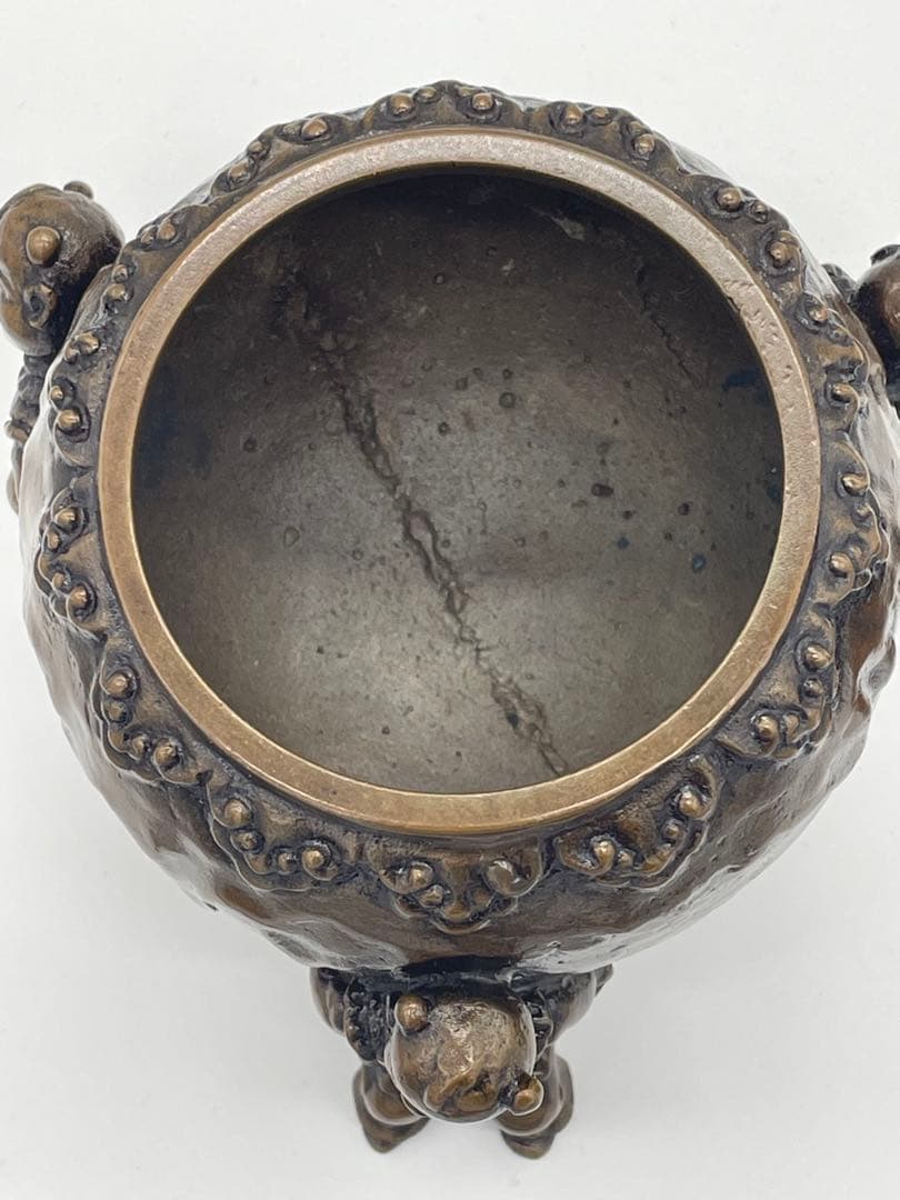 【美品】高岡銅器 金工家 二上常太郎 元威 蝋型鋳銅 唐子足 獅子香炉 香爐